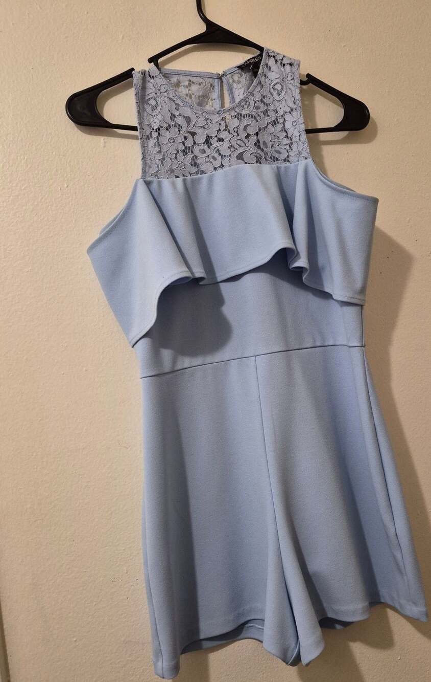 Express Light Blue Lace-Upper Ruffle Romper - Picture 3 of 3